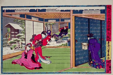 En scene fra niende akt av et kabuki-skuespill, «Kanadehon Chushingura», en hevnfortelling basert på hendelsen med de førtisju roninene i 1703, ca. 1870 (farget tresnitt)
