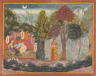 Krishna og Radha in a Bower: Page From a Dispersed Gita Govinda, ca. 1665.