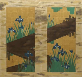 Iriser og åttefoldig bro, todelt foldbar skjerm, ca. 1820 (blekk, farge og bladgull på silke)