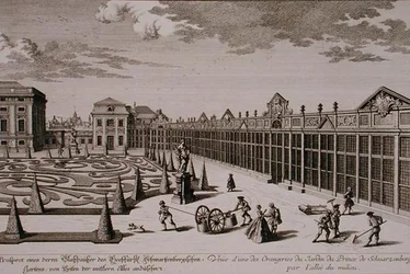 Utsikt over et av orangeriene i hagen til prinsen av Schwarzenberg, Wien, gravert av Georg-Daniel Heumann (1691-1759), publisert ca. 1724-37 (gravering) (se også 170855)