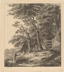 En fisker og to barn i et landskap med hytter med stråtak, 1764.