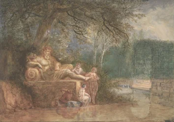 En park med figurer ved en statue nær vann, 1775.