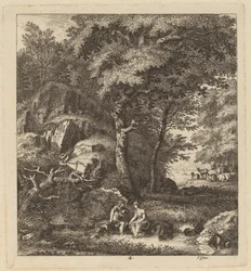 En hyrde og en ung kvinne med føttene i en bekk, 1764.