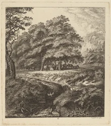 Storfe hviler i en lund med en mann som sitter ved siden av en bekk, 1764.