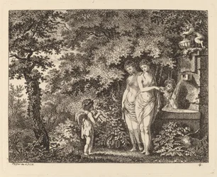 Eros med tre jenter ved en fontene