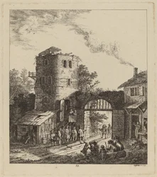 Landsbyboere ved en byport som hilser en dignitær, 1764.