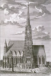Utsikt over St. Stephans katedral, Wien gravert av George-Daniel Heumann (1691-1759)
