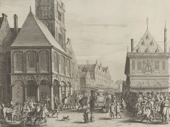 Byens sorenskrivere tar avskjed med Marie de Medici før rådhuset, fra Caspar Barlaeu..., 1638.