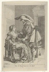 Mann tilbyr en kvinne en mynt Dats de Bruydt daermen om danst (tittel på objekt)