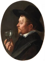 ""Portrett av en mann som holder et Roemer-glass"" (Man Holding A Roemer) Maleri av Salomon de Bray (1597-1664) Olje på kobber