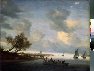 Ferge til Arnhem (Ferge ved Arnhem) (Pays Bas). Peinture de Salomon Jacobsz (Jacob) Van Ruysdael (Ruisdael) (1600 eller 1603-1670). Huile sur bois, 89 x 116 cm