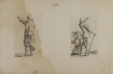 (Figurserie) Stående mann med lang hatt, pekende