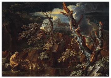 Et steinete skogkledd landskap med Jakob som vanner Labans flokk, ca. 1615–73 (olje på lerret)
