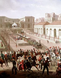 Innvielsen av jernbanelinjen mellom Napoli og Portici i 1839 i nærvær av kong Ferdinand II. Detalj. Kunstnerens leveår: 1799-1877. Museo Nazionale di San Martino, Napoli.