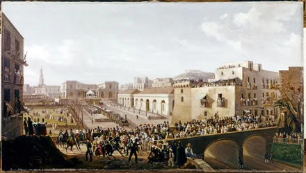 JERNBANE: Åpning av den første Vesuvianske jernbanen, Napoli-Portici. 3. oktober 1839 (olje på lerret)