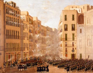 Bourbonhæren grep inn mot opprørene i Napoli i mai 1848. Detalj. Kunstnerens leveår: 1799-1877. Napoli, Museo Nazionale di San Martino.