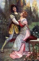 Litteratur. Francesca da Rimini og Paolo Malatesta. Illustrasjon inspirert av S. Postiglione i: The Divine Comedy, av Dante Alighieri, Tsjekkia, ca. 1910 (postkort)