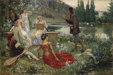 The Decameron par Salvatore Postiglione (1861-1906). Olje på lerret, størrelse: 100x151