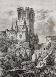 Alcazar of Segovia, Spania, litografi av Salvatore Puglia fra Poliorama Pittoresco, n 36, 12. april