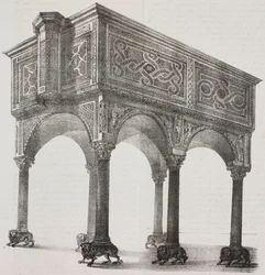 Gammel ambo i Sessa Aurunca-katedralen, Campania, Italia, litografi av Salvatore Puglia etter tegning av Pasquale Mattei (1813-1879) fra Poliorama Pittoresco, n 43, 31. mai