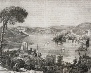 Bosporosslott på kysten av Asia og Europa, Tyrkia, litografi av Gaetano Riccio fra Poliorama Pittoresco, n 18, 9. desember