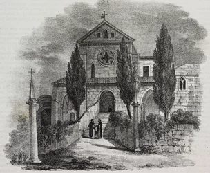 Casamari kloster, Veroli, Lazio, Italia, litografi av Salvatore Puglia fra Poliorama Pittoresco, n 47, 1. juli