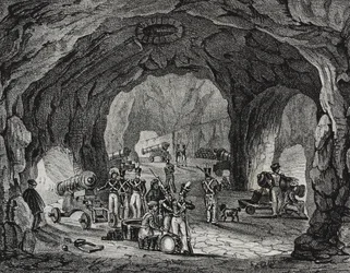 Cave near Rock of Gibraltar, Spania, litografi av Salvatore Puglia fra Poliorama Pittoresco, n 20, 24 desember