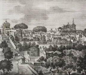 Østutsikt over Mesagne, Apulia, Italia, litografi av Salvatore Puglia fra Poliorama Pittoresco, n 45, 15. juni