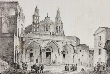 Fasade til katedralen i Sessa Aurunca, Campania, Italia, litografi av Salvatore Puglia etter tegning av Pasquale Mattei (1813-1879) fra Poliorama Pittoresco, n 42, 24. mai