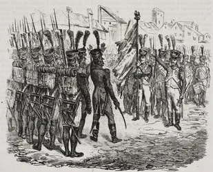 Flagget til 84. regiment, litografi av Salvatore Puglia fra fra History of Napoleon av Cesare Malpica (1804-1848), fra Poliorama Pittoresco, n 16, 25 november