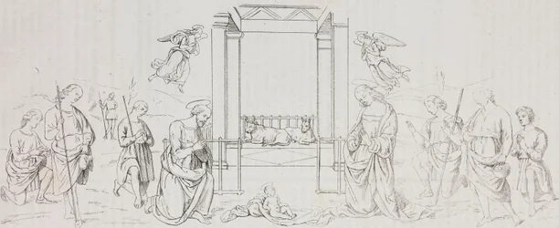 Fontignano Nativity, Adoration of Shepherds, litografi av Salvatore Puglia etter maleri av Pietro Perugino (ca. 1450-1523) fra Poliorama Pittoresco, n 42, 24. mai