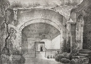 Hall i gammel villa til Prince of Caposele i Formia, Lazio, Italia, litografi av Salvatore Puglia fra Poliorama Pittoresco, n 23, 11. januar