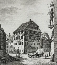 House of Albrecht Durer (1471-1528) i Nürnberg, Tyskland, litografi av Salvatore Puglia fra Poliorama Pittoresco, n 31, 12 mars