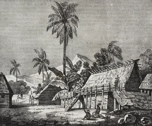 House of Queen Noukahiva Island (i dag Nuku Hiva), Marquesas Islands, Fransk Polynesia, litografi av Salvatore Puglia fra Poliorama Pittoresco, n 37, april