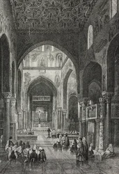 Interiør av Palatine Chapel i Palazzo dei Normanni eller Royal Palace i Palermo, Sicilia, Italia, litografi av Salvatore Puglia fra Poliorama Pittoresco, n 41, 21. mai