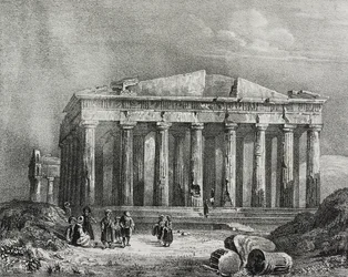 Parthenon, Akropolis i Athen, Hellas, litografi av Salvatore Puglia fra Poliorama Pittoresco, n 32, 19. mars