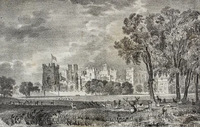 Raby Castle, Durham, England, Storbritannia, litografi av Salvatore Puglia fra Poliorama Pittoresco, n 42, 27. mai