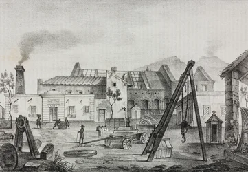 Kongelig mekanisk fabrikk (Royal Mechanical Factory) i Pietrarsa, Campania, Italia, litografi av Gaetano Riccio fra Poliorama Pittoresco, n 39, 7. mai
