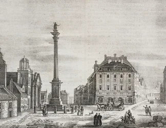 Sigismonds søyle, til minne om kong Sigismund III Vasa (1566-1632), Warszawa, Polen, litografi av Salvatore Puglia fra Poliorama Pittoresco, n 46, 21. juni