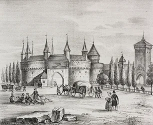 St Florians port, Krakow, Polen, litografi av Salvatore Puglia fra Poliorama Pittoresco, n 22, 4. januar