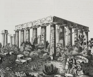 Apollon-tempelet på Panellenius-fjellet, Hellas, litografi av Salvatore Puglia fra Poliorama Pittoresco, n 40, 14. mai