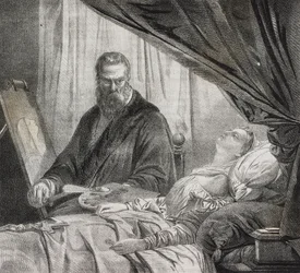 Tintoretto maler sin døde datter, litografi av Salvatore Puglia fra Poliorama Pittoresco, n 27, 10 februar