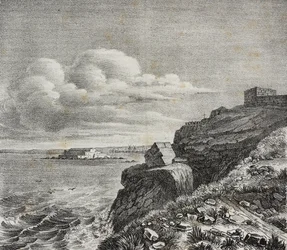 Grav for Francois-Rene de Chateaubriand i Saint-Malo, Frankrike, litografi av Gaetano Riccio fra Poliorama Pittoresco, n 32, 18. mars