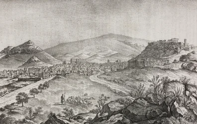 Utsikt over Athen, Hellas, litografi av Salvatore Puglia fra Poliorama Pittoresco, n 1, 13. august