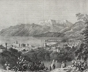 Utsikt over Beirut og Mount Lebanon-området, Libanon, litografi av Salvatore Puglia fra Poliorama Pittoresco, n 8, 1. oktober