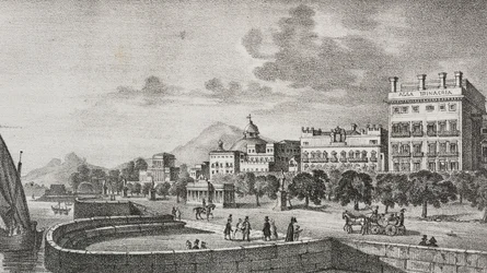 Utsikt over Bourbon-forum og Trinacria-hotellet, Palermo, Sicilia, Italia, litografi av Salvatore Puglia etter gravering av Di Giovanni fra Poliorama Pittoresco, n 37, 19. april