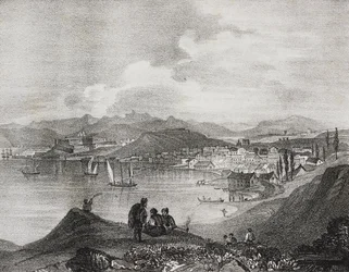 Utsikt over Korfu fra Mount Oliveto, De joniske øyer, Hellas, litografi av Salvatore Puglia fra Poliorama Pittoresco, n 25, 25. januar