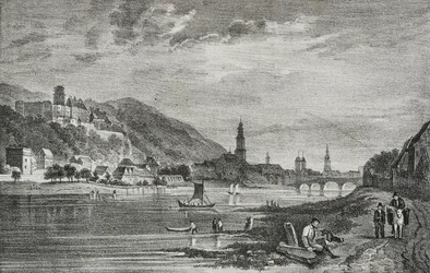 Utsikt over Heidelberg, Tyskland, litografi av Salvatore Puglia fra Poliorama Pittoresco, n 28, 19. februar