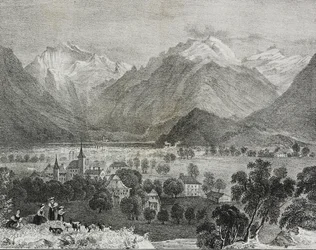 Utsikt over Interlaken, Sveits, litografi av Salvatore Puglia fra Poliorama Pittoresco, n 36, 16. april