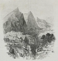Utsikt over Mount Parnassus fra Delphi, Hellas, litografi av Salvatore Puglia fra Poliorama Pittoresco, n 46, 25. juni